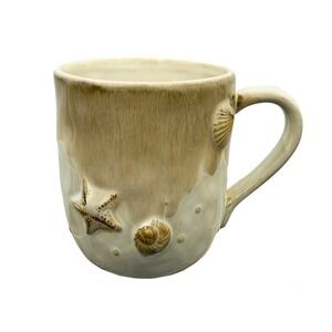 Sonoma Lifestyle Seaside Mug Tan Embossed Seashells Coffee Cup Brown Drip Glaze